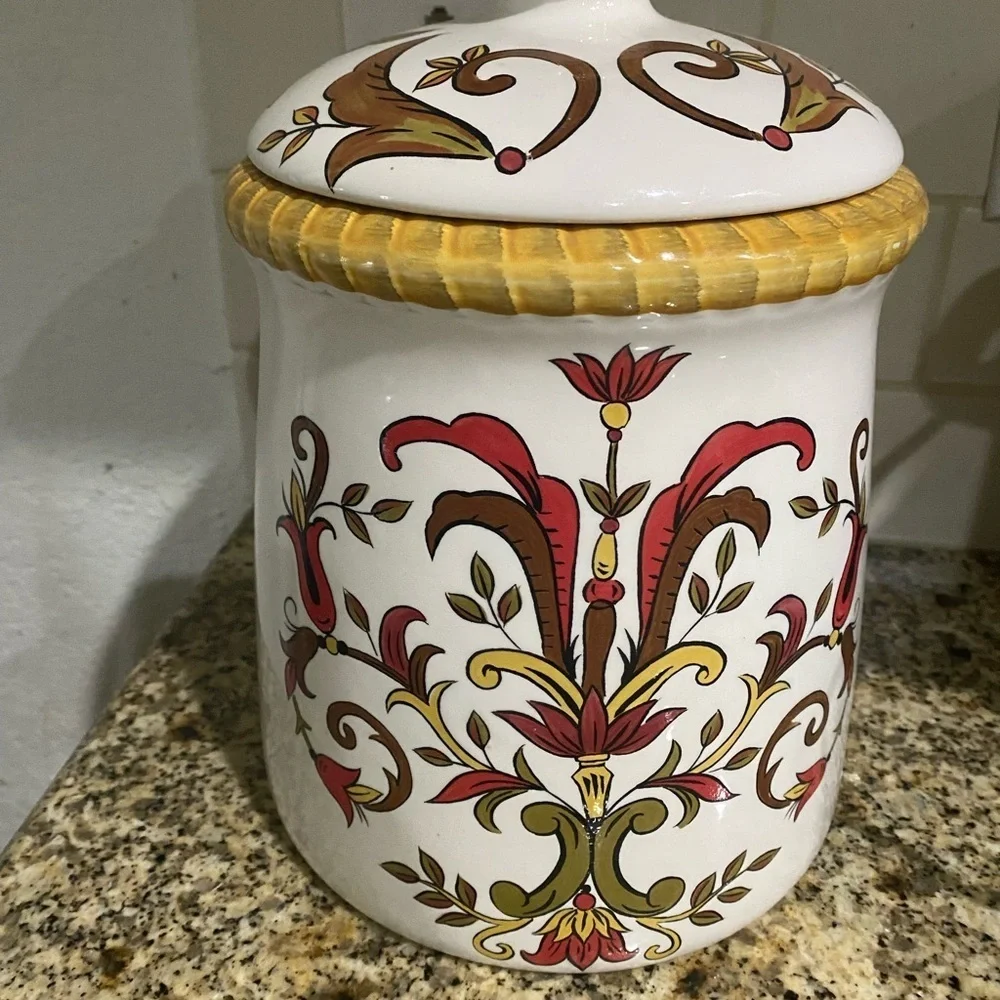 Pier 1 Earthenware Oralia Mediterranean Floral Discontinued Ceramic 11”Canister